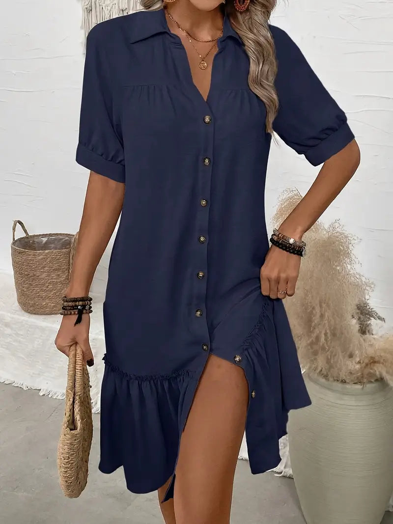THE ELIRAIME | Button-Down Ruffle Hem Dress
