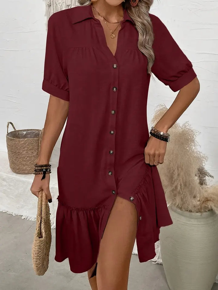 THE ELIRAIME | Button-Down Ruffle Hem Dress