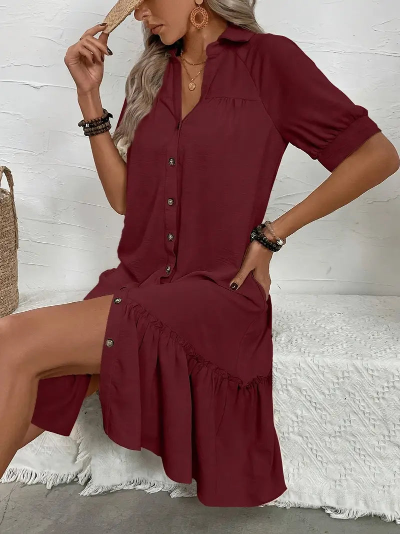THE ELIRAIME | Button-Down Ruffle Hem Dress