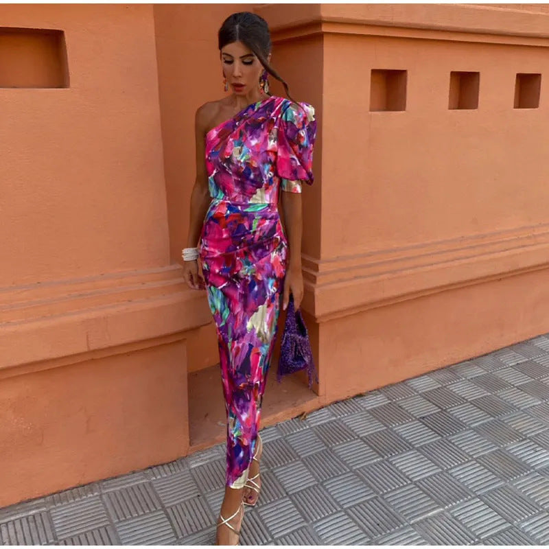 YVETTE | PUFFED ONE-SHOULDER MIDI DRESS