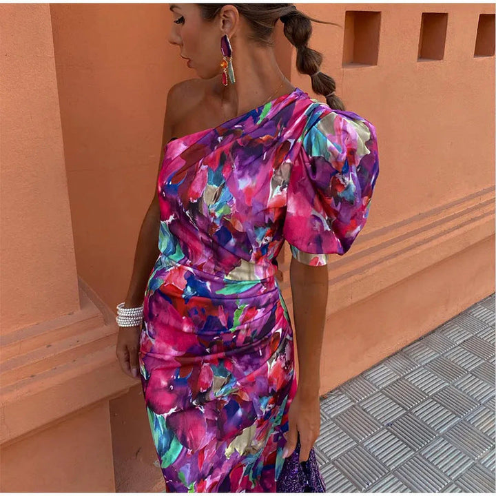 YVETTE | PUFFED ONE-SHOULDER MIDI DRESS