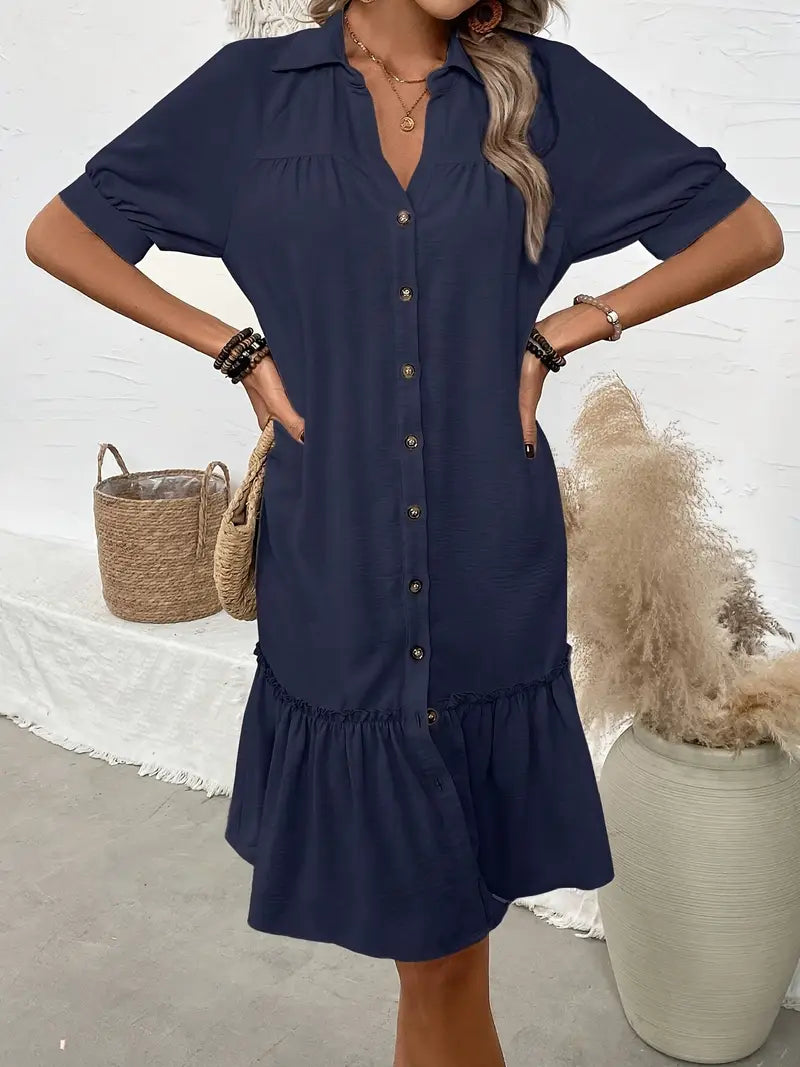 THE ELIRAIME | Button-Down Ruffle Hem Dress