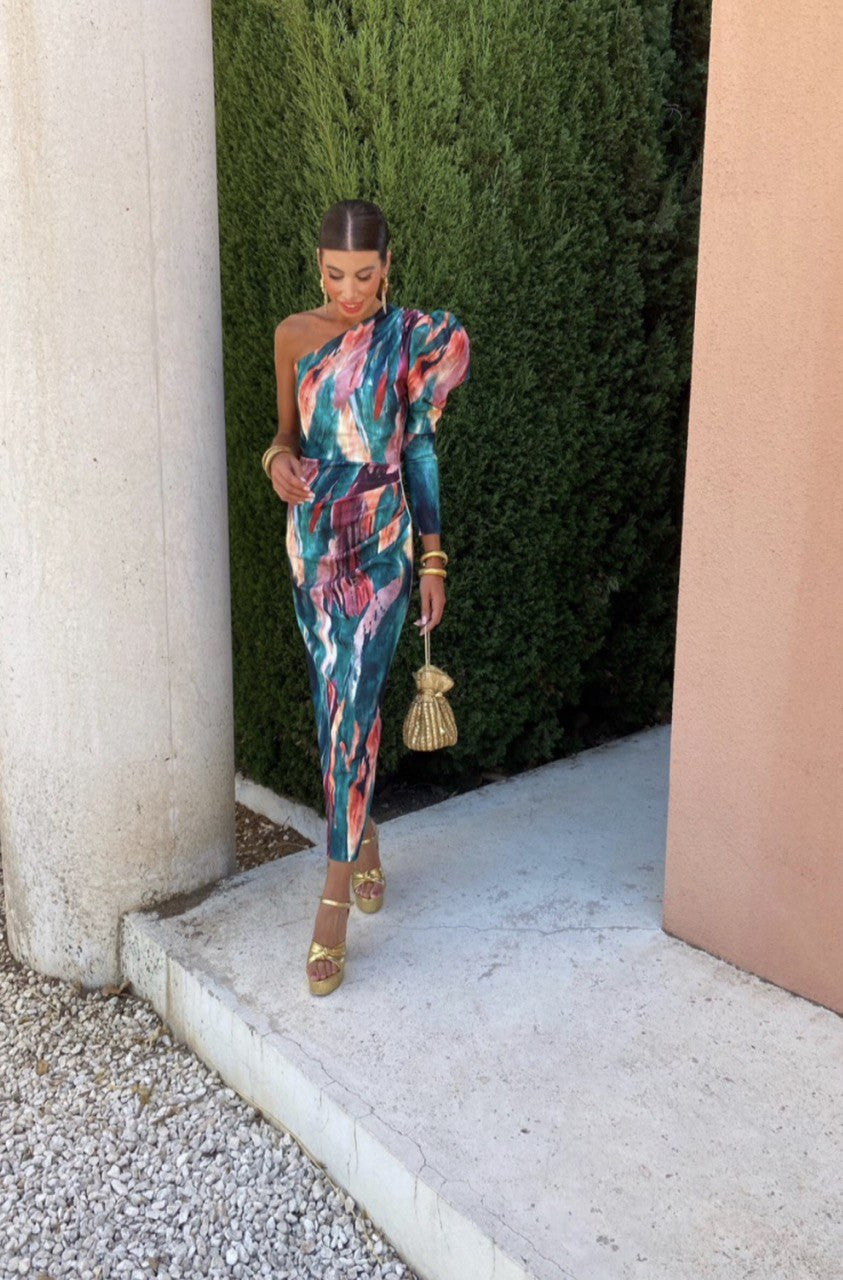 YVETTE | PUFFED ONE-SHOULDER MIDI DRESS