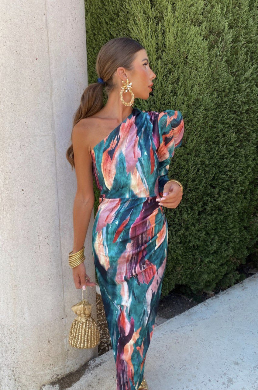 YVETTE | PUFFED ONE-SHOULDER MIDI DRESS
