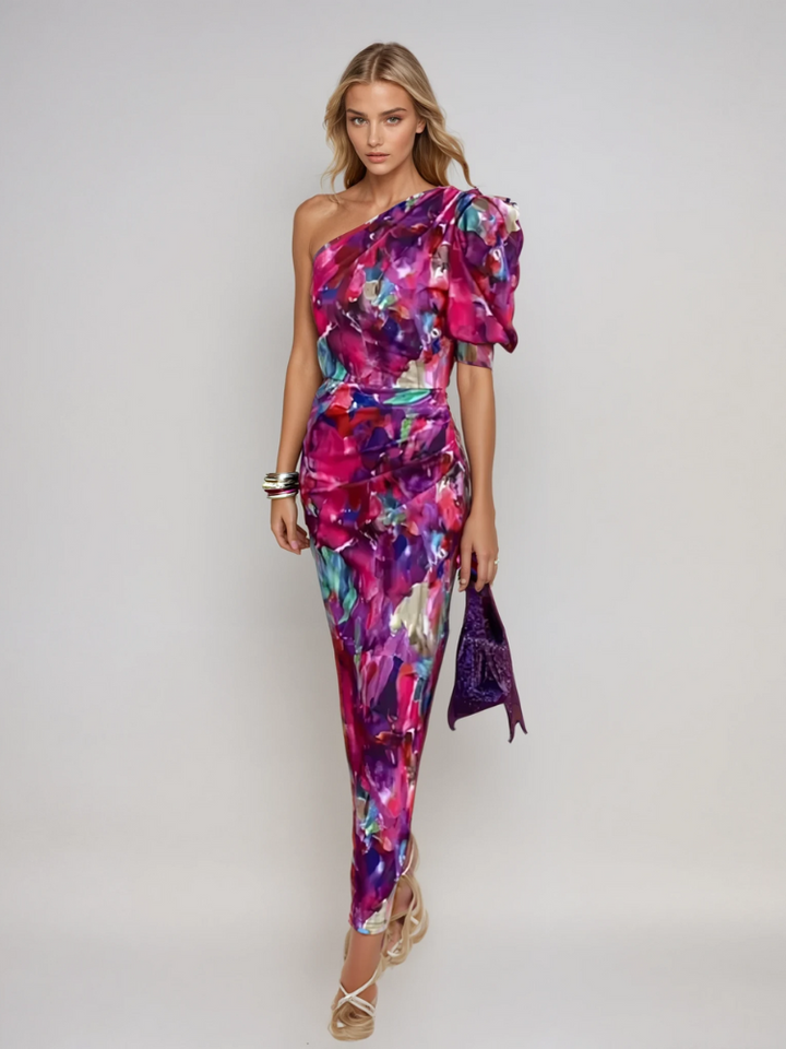 YVETTE | PUFFED ONE-SHOULDER MIDI DRESS