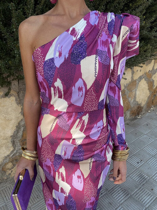 YVETTE | PUFFED ONE-SHOULDER MIDI DRESS