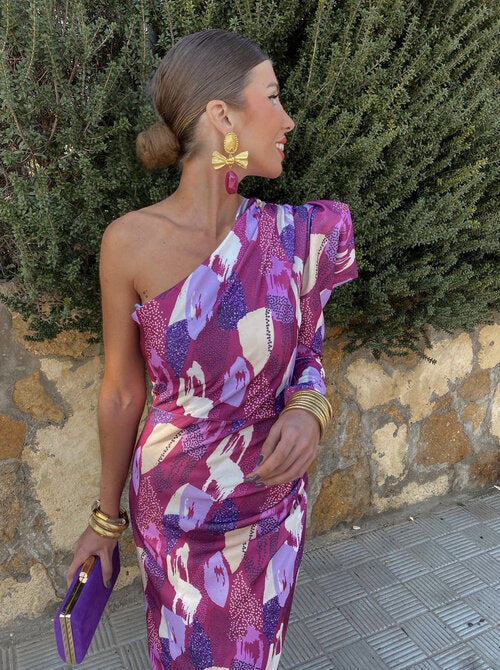 YVETTE | PUFFED ONE-SHOULDER MIDI DRESS